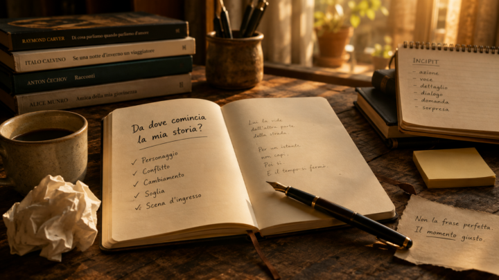 Quaderno aperto con appunti sull’incipit, penna e libri su un tavolo da scrittura