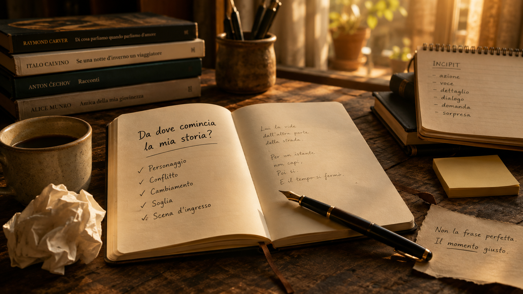 Quaderno aperto con appunti sull’incipit, penna e libri su un tavolo da scrittura