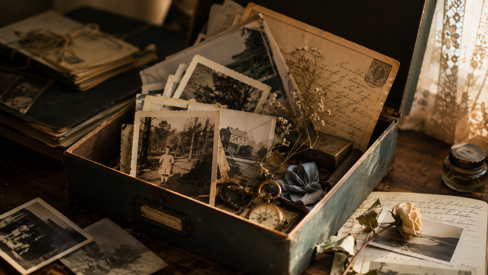 Scatola di ricordi con vecchie fotografie, lettere e oggetti del passato