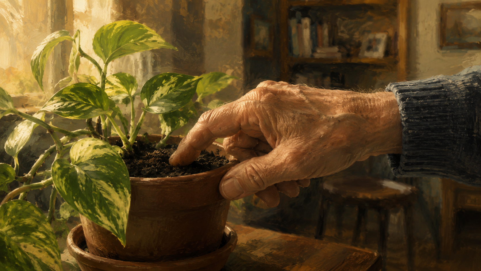 La mano anziana di Arturo controlla con un dito l’umidità della terra nel vaso di un pothos.