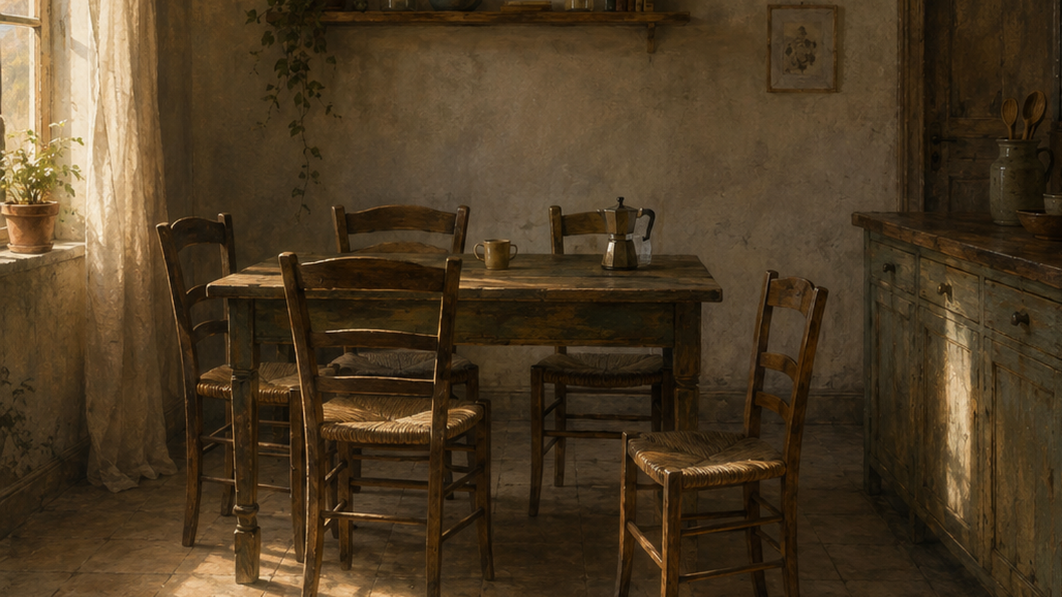 Una cucina vissuta con una sedia leggermente spostata rispetto al tavolo