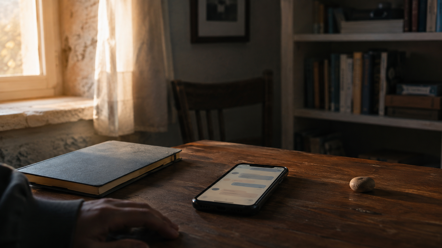Telefono con una vecchia conversazione aperta sopra un tavolo, accanto a un quaderno, nella luce del pomeriggio