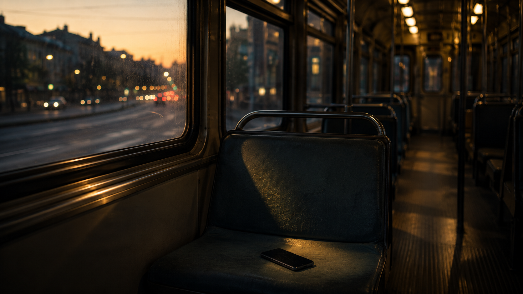 Uno smartphone spento lasciato sul sedile di un tram quasi vuoto al tramonto