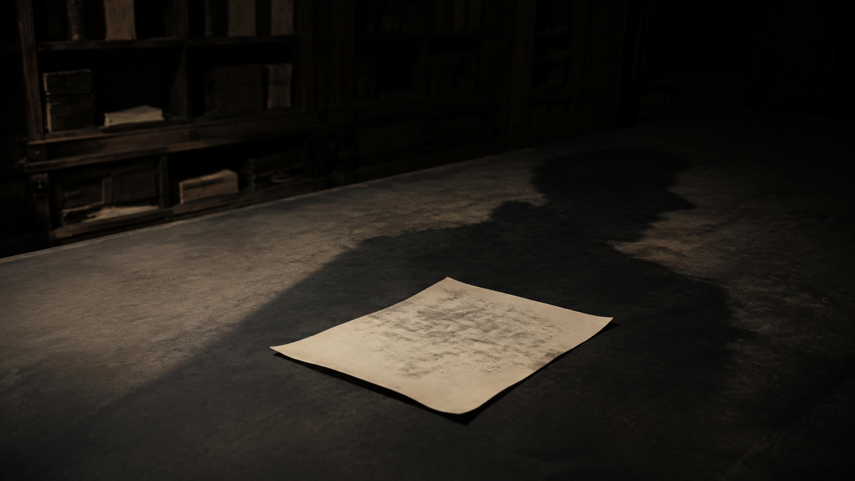 Un foglio manoscritto proietta sul tavolo l’ombra di un autore assente