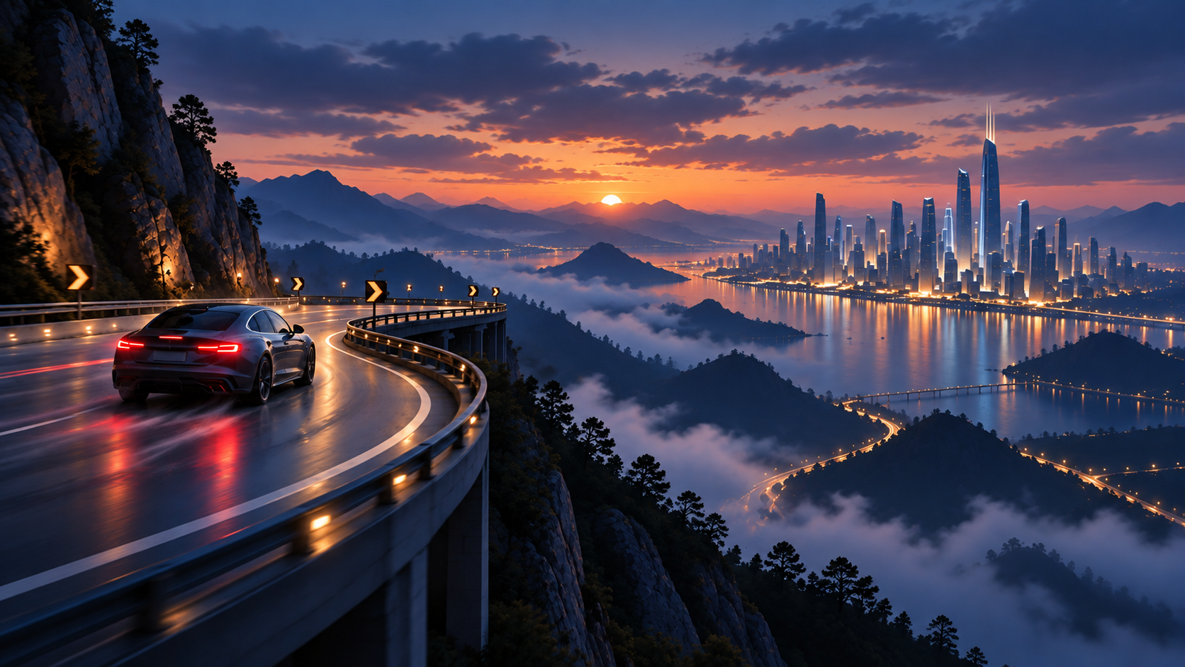 Auto su una strada in curva verso una città lontana, simbolo della paura di rallentare nella corsa all’intelligenza artificiale