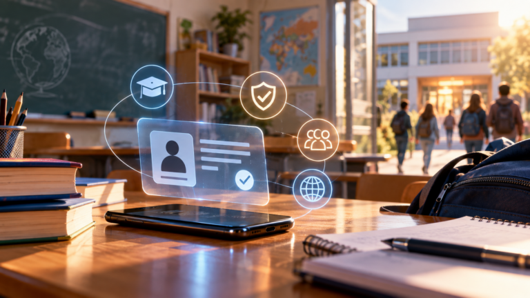 Banco scolastico con smartphone, libri e simboli di identità, sicurezza ed educazione digitale