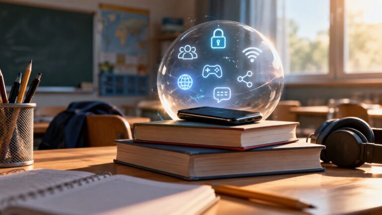 Smartphone e libri su un banco scolastico, simbolo di educazione e cittadinanza digitale