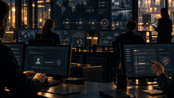 Più operatori umani controllano fasi diverse di uno stesso processo attraverso monitor e dashboard in un centro operativo.