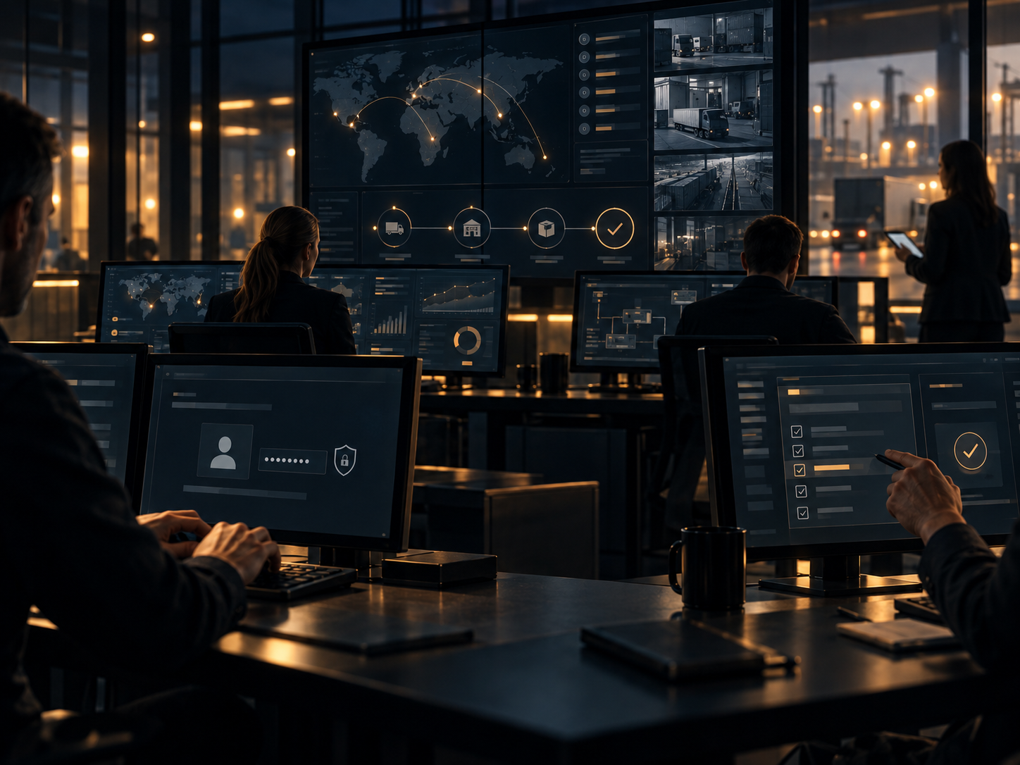 Più operatori umani controllano fasi diverse di uno stesso processo attraverso monitor e dashboard in un centro operativo.