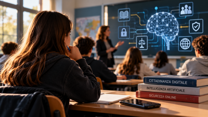 Studenti in aula durante una lezione su cittadinanza digitale, intelligenza artificiale, sicurezza online e responsabilità