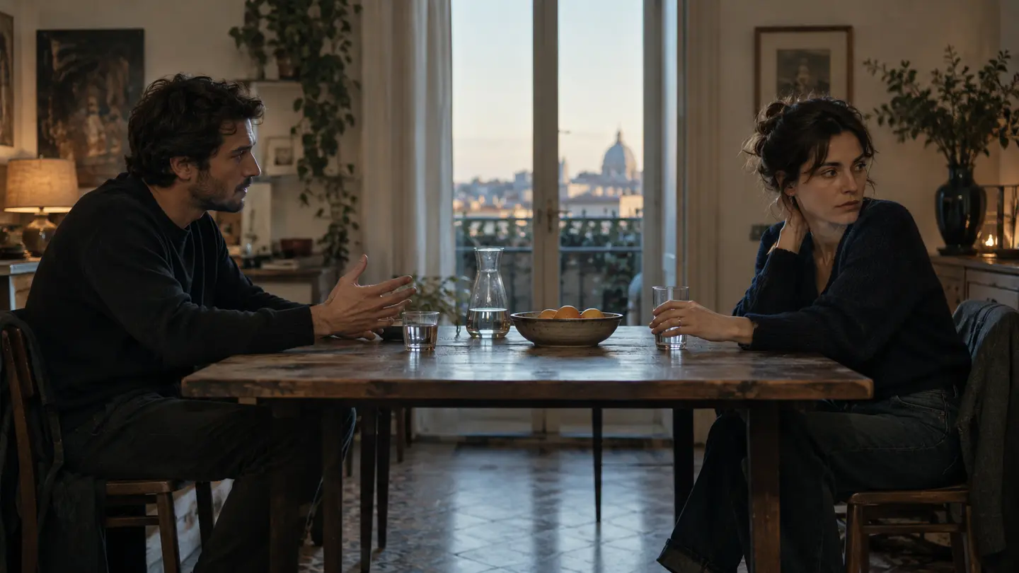 Due persone sedute a un tavolo durante una conversazione segnata dalla distanza e dal sottotesto