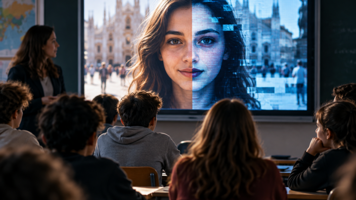 Studenti in aula osservano sullo schermo il confronto tra un volto reale e una versione digitalmente manipolata