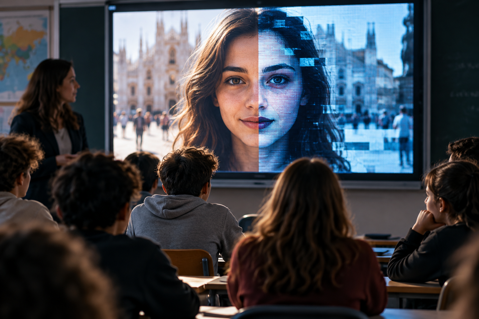 Studenti in aula osservano sullo schermo il confronto tra un volto reale e una versione digitalmente manipolata