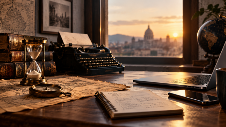 Scrivania che attraversa la storia della tecnologia, dai libri e dalla macchina da scrivere agli strumenti digitali