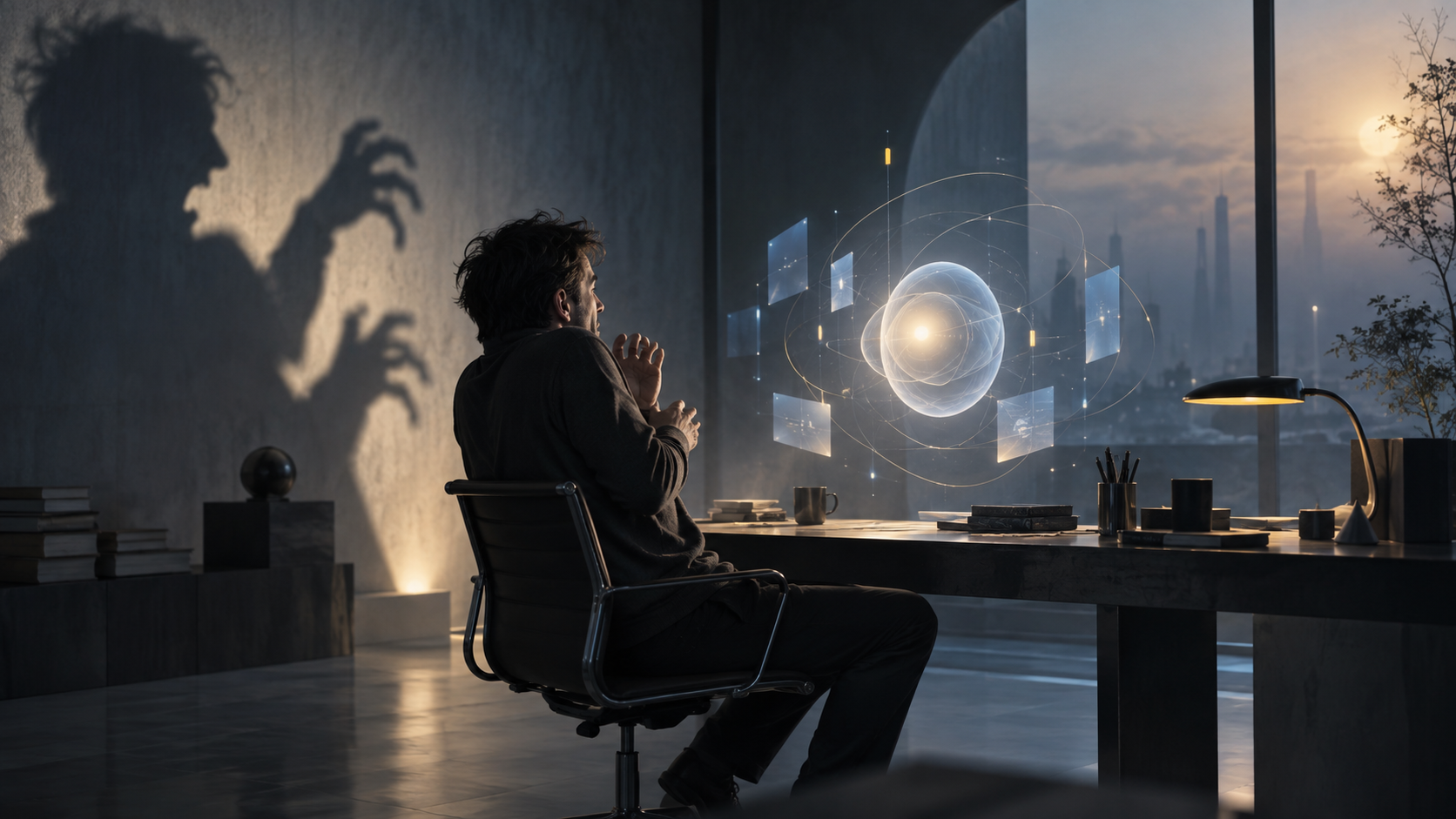 Un uomo osserva una forma luminosa di intelligenza artificiale mentre sulla parete alle sue spalle incombe un’ombra minacciosa