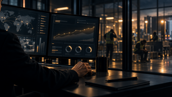 Una persona osserva dashboard e grafici di rendimento mentre, sullo sfondo, altri soggetti affrontano le conseguenze operative del sistema.