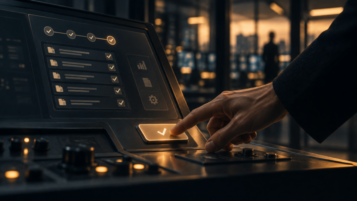 Una mano conferma un’azione su una console mentre il sistema ha già organizzato le opzioni operative.