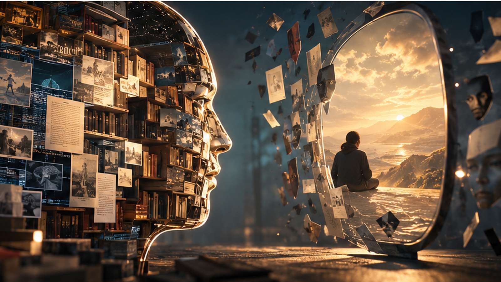Figura umana di fronte a una presenza artificiale costruita di libri, dati e memoria