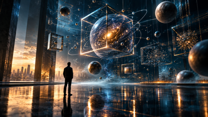 Ambiente tecnologico e cosmico astratto, metafora di un mondo che sappiamo calcolare ma non rappresentare intuitivamente