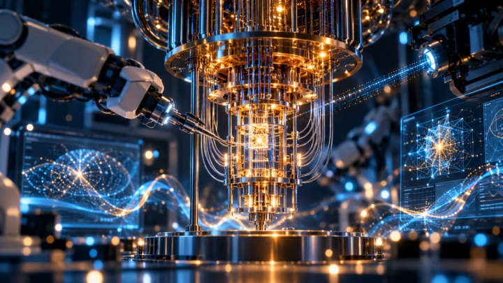 Laboratorio quantistico futuristico, metafora dell’intelligenza artificiale che aiuta a progettare e governare sistemi quantistici