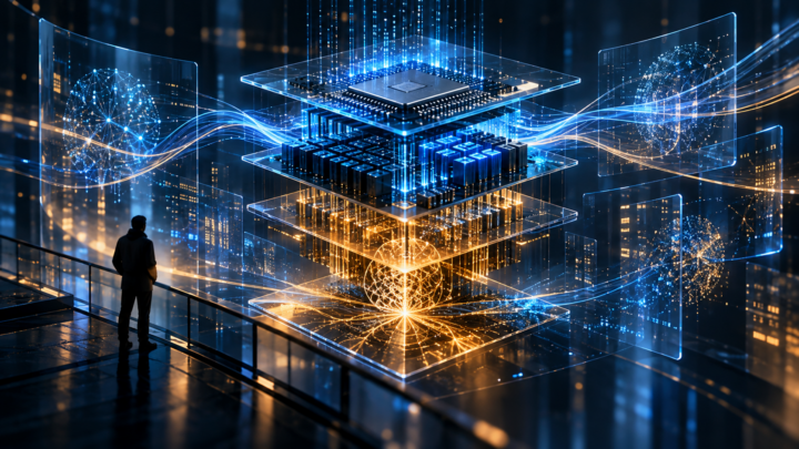 Nucleo di calcolo olografico, metafora dell’architettura ibrida in cui AI, CPU, GPU e QPU collaborano