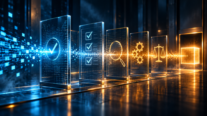 Pipeline futuristica di verifica dei dati, metafora della verifica indipendente quando non possiamo seguire ogni passaggio del sistema