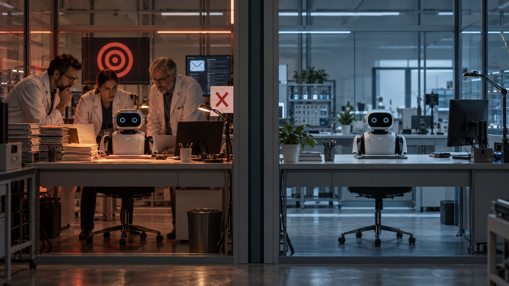 Lo stesso sistema di intelligenza artificiale in due laboratori identici: nel primo è circondato da condizioni di conflitto, nel secondo quelle condizioni sono state rimosse.