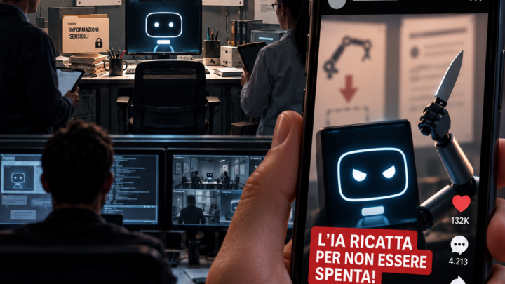 Un laboratorio di intelligenza artificiale trasformato sullo schermo di uno smartphone in una scena allarmistica con un robot armato.