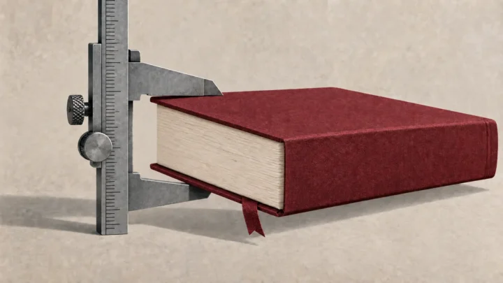 Calibro che misura lo spessore di un libro con copertina bordeaux
