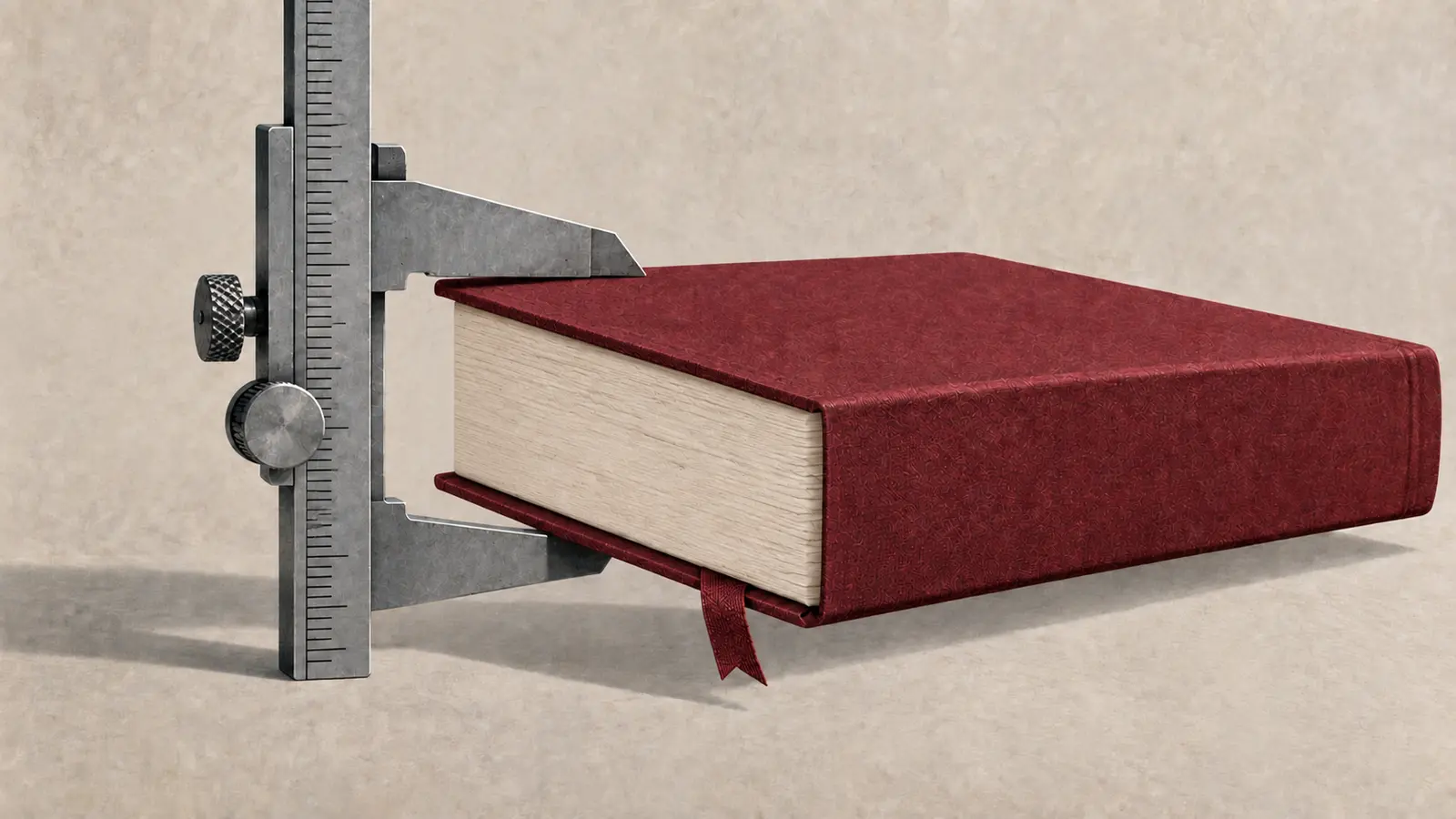 Calibro che misura lo spessore di un libro con copertina bordeaux