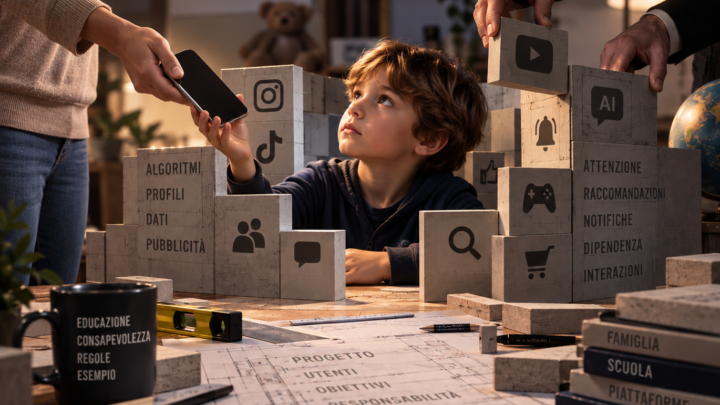 Un adulto consegna uno smartphone a un bambino mentre altre mani costruiscono intorno a lui un ambiente digitale fatto di algoritmi, notifiche, piattaforme e responsabilità.