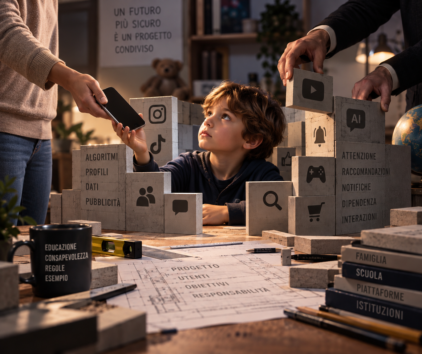 Un adulto consegna uno smartphone a un bambino mentre altre mani costruiscono intorno a lui un ambiente digitale fatto di algoritmi, notifiche, piattaforme e responsabilità.