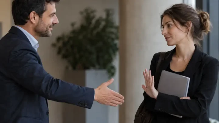 Un uomo porge la mano per un saluto mentre una donna rifiuta gentilmente la stretta mantenendo il contatto visivo
