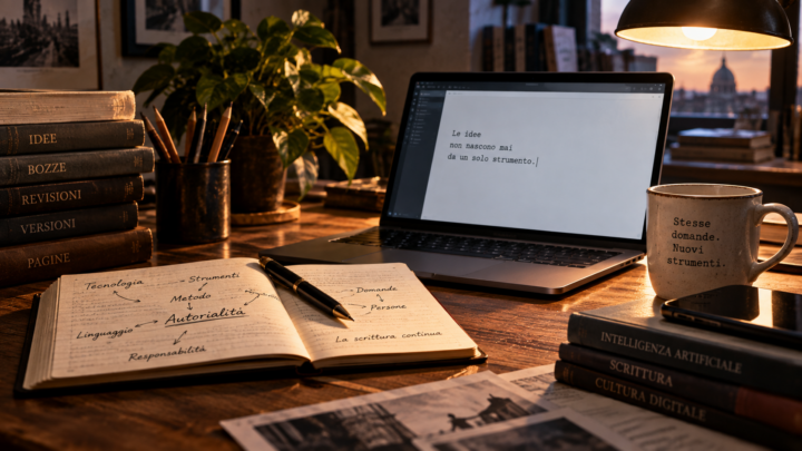 Scrivania di lavoro con appunti, libri e computer, tra scrittura tradizionale e strumenti digitali