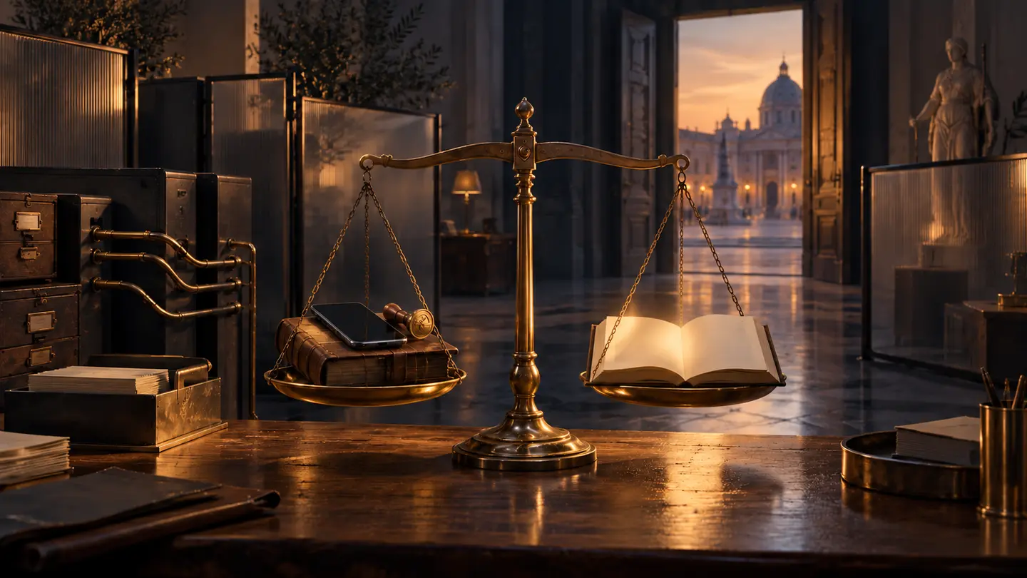 Bilancia in ottone con smartphone e registro su un piatto e un libro aperto sull’altro, davanti a uno spazio pubblico accessibile