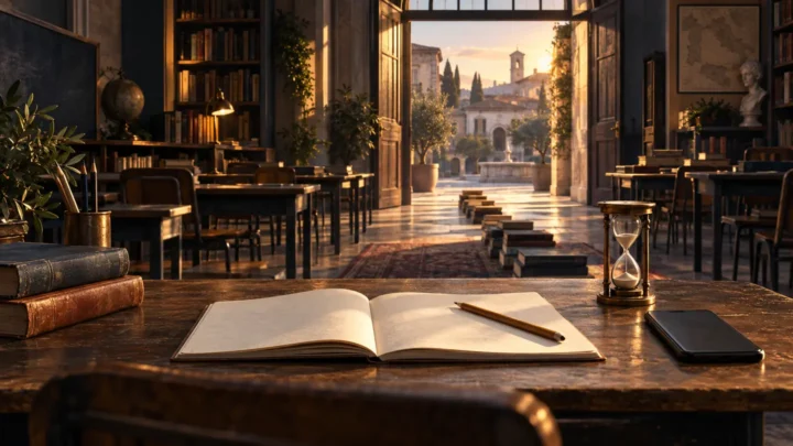 Aula vuota aperta verso una piazza, con quaderno, matita, clessidra e smartphone appoggiati su un banco