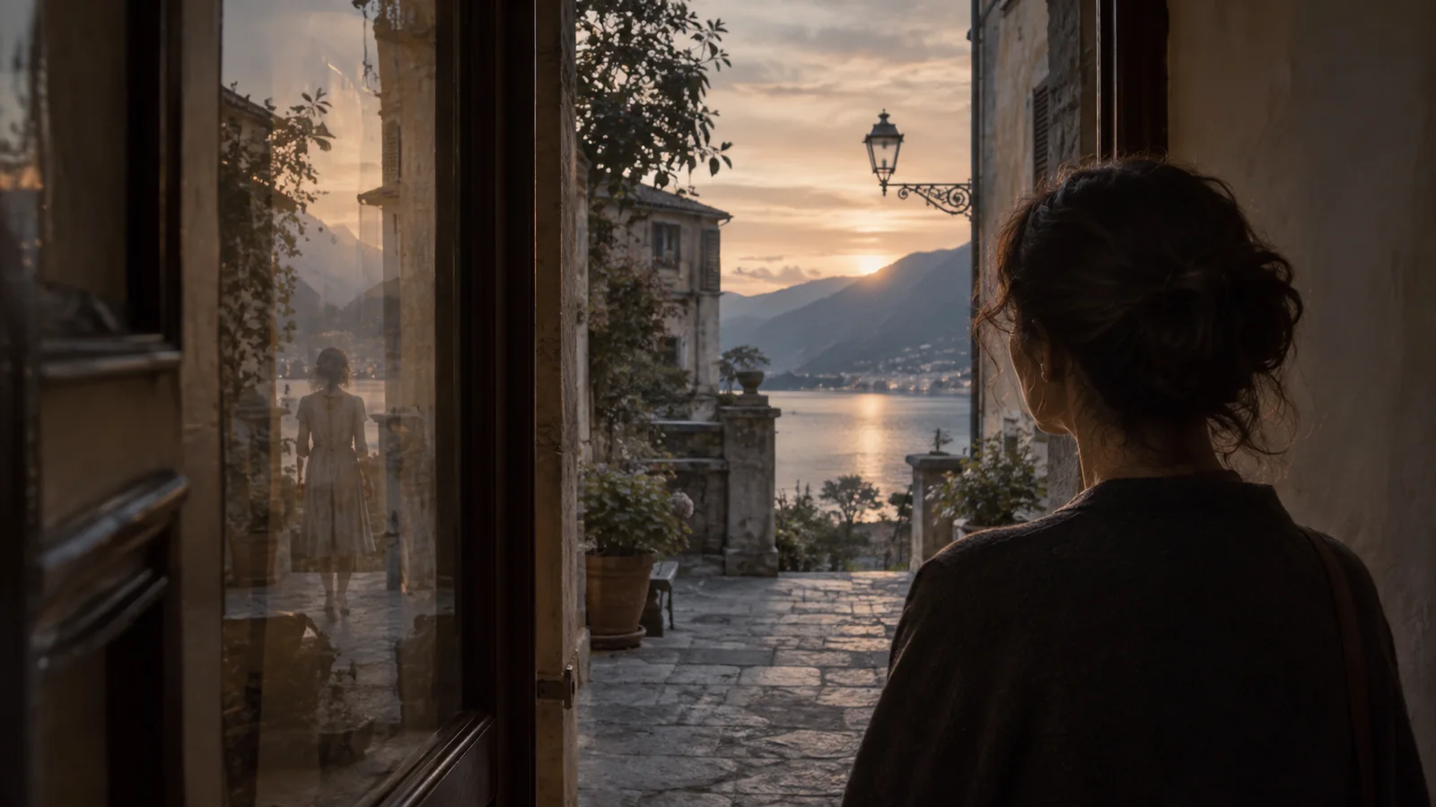 Donna osserva un borgo sul lago al tramonto mentre il vetro riflette una figura femminile