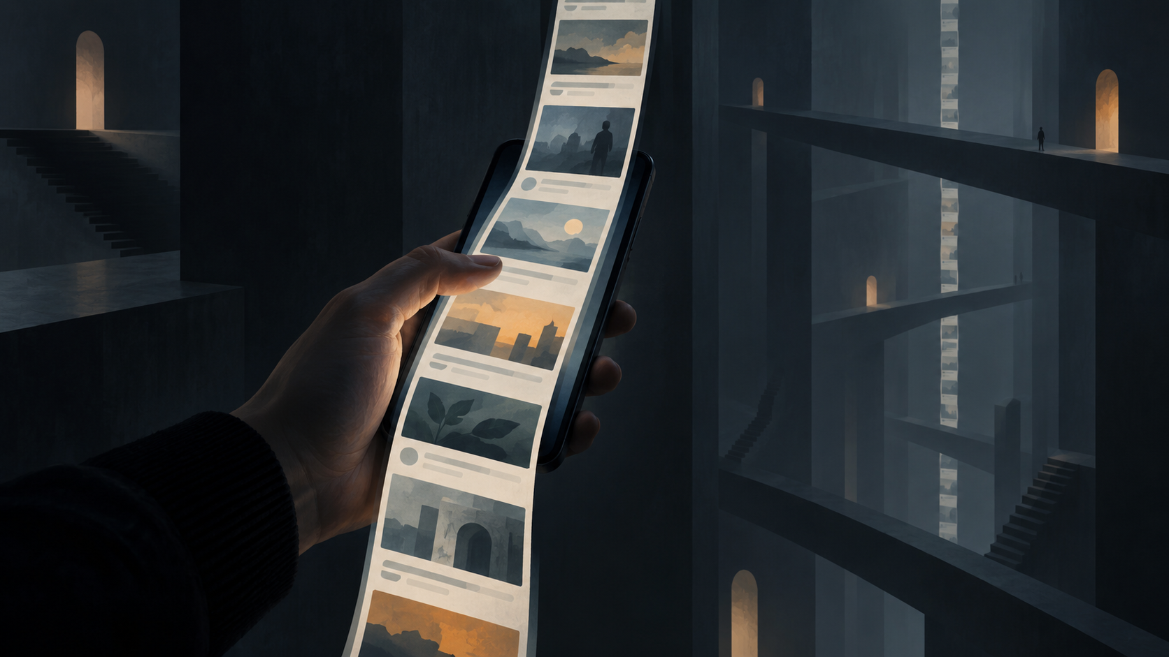 Una mano regge uno smartphone dal quale scorre un flusso di contenuti senza inizio né fine, dentro un’architettura digitale priva di uscite.