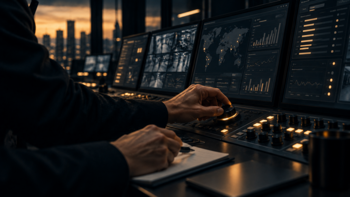 Una persona supervisiona una console con dashboard e controlli, in un ambiente di monitoraggio e verifica.