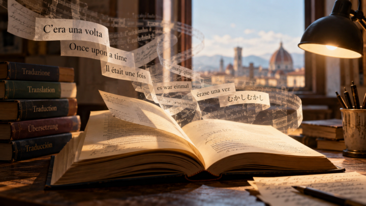 Libro aperto da cui si sollevano frasi in lingue diverse, simbolo della traduzione letteraria e della voce dell’autore