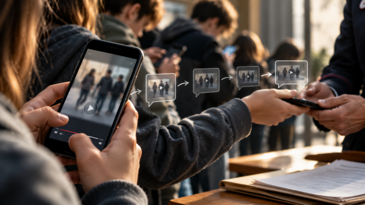 Uno smartphone con un video che passa attraverso una catena di condivisioni fino alla consegna a un adulto