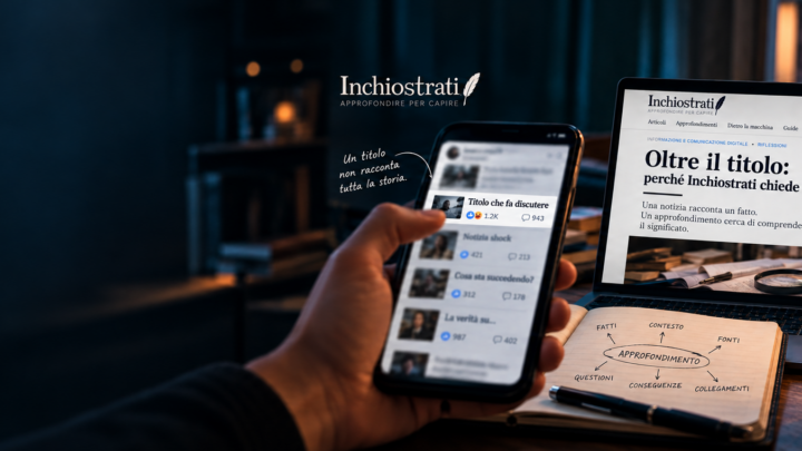 Copertina del redazionale Oltre il titolo: smartphone con feed social, computer con articolo di approfondimento, appunti e libri.