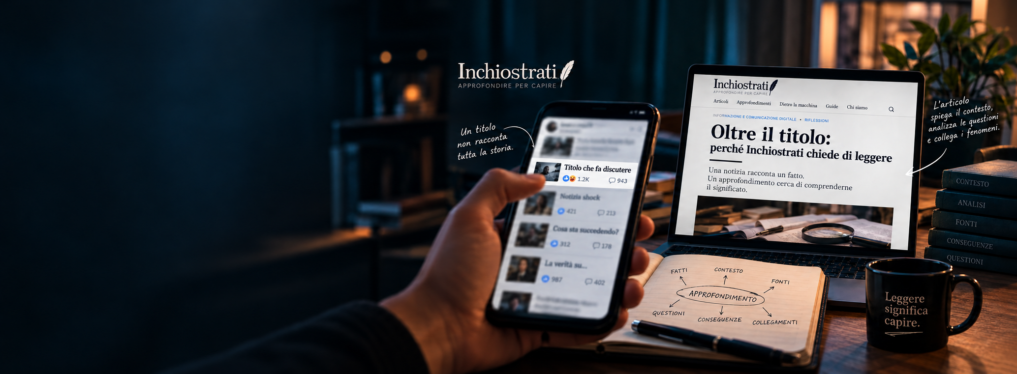 Copertina del redazionale Oltre il titolo: smartphone con feed social, computer con articolo di approfondimento, appunti e libri.