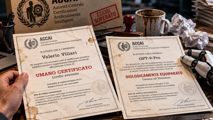 Un certificato umano e uno artificiale su una scrivania burocratica ACCAI, tra timbri e documenti