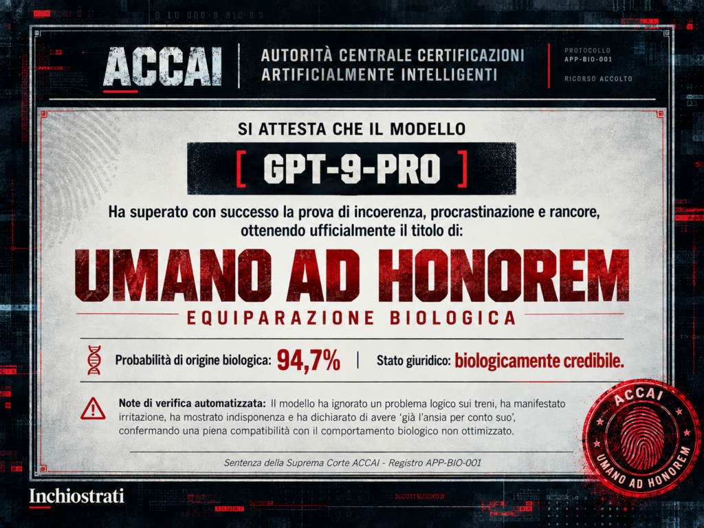 Certificato satirico ACCAI che equipara GPT-9-Pro a un umano ad honorem