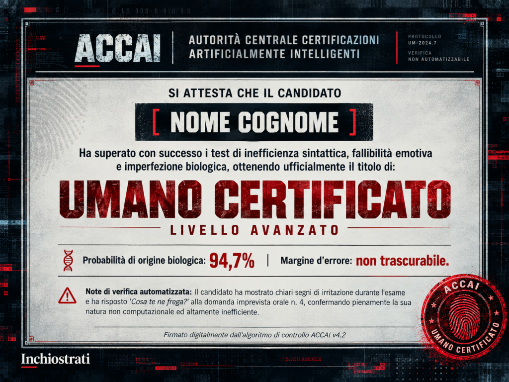 Certificato satirico ACCAI che attesta un candidato come Umano Certificato, livello avanzato