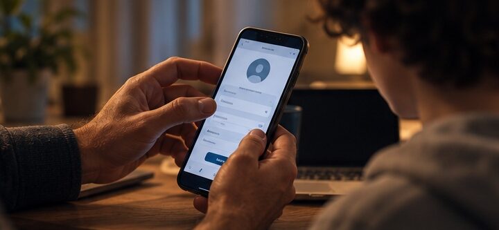 Adulto configura un account su smartphone accanto a un ragazzo