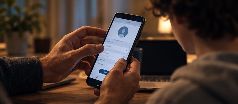 Adulto configura un account su smartphone accanto a un ragazzo