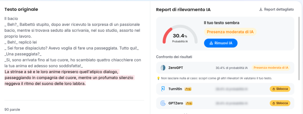 Screenshot del report di un AI detector che assegna il 30,4 per cento di probabilità IA a un testo pubblicato nel 2021