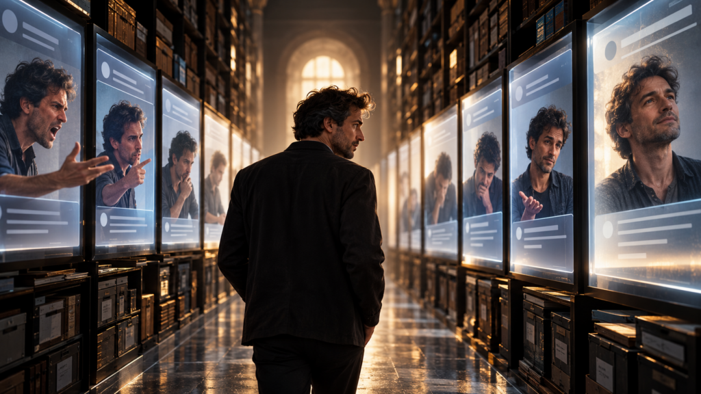 Un uomo attraversa un archivio digitale dove scorrono versioni differenti di sé e delle sue opinioni nel tempo